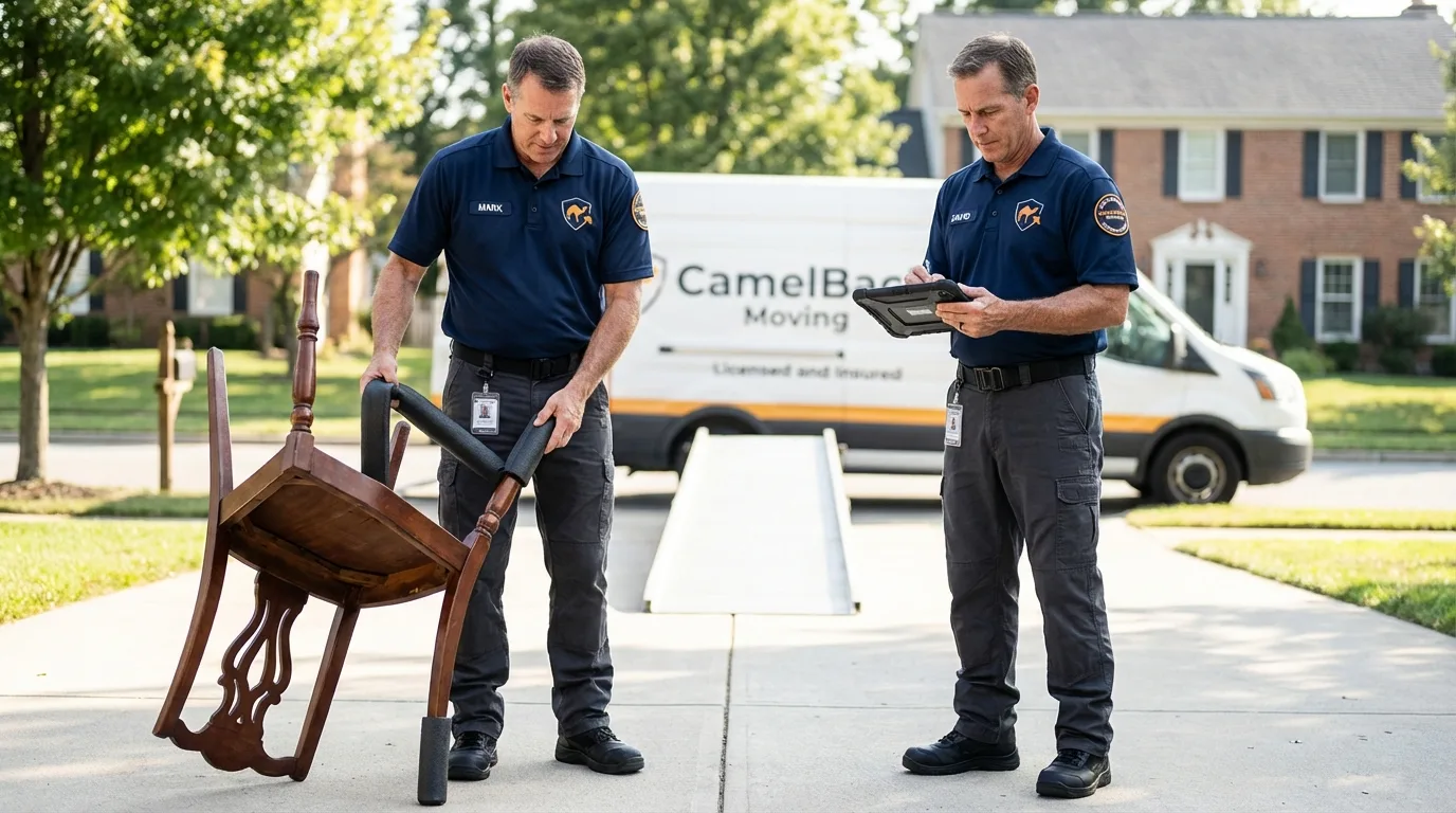 Movers inspecting furniture for damage prevention before loading in Jerome, PA